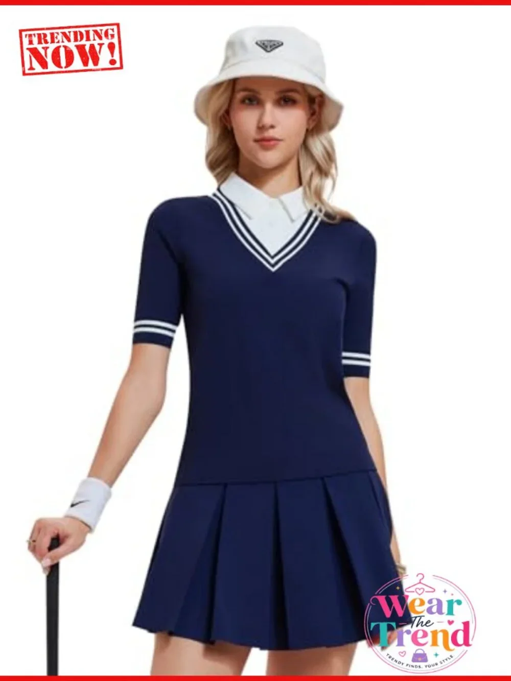 Women's 2 Piece Golf Outfit Set V-Neck Polo Shirt & Pleated Skort Pockets